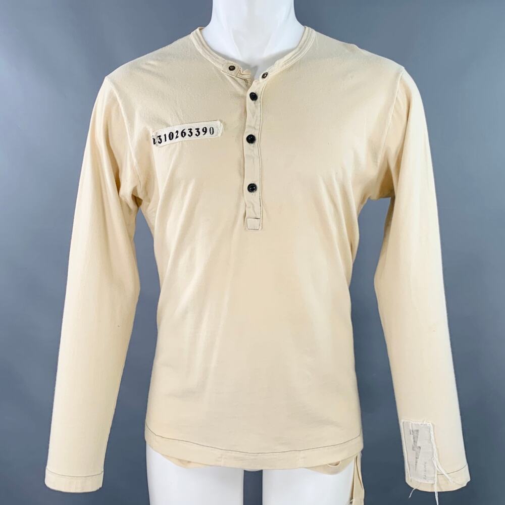 NICE COLLECTIVE Size M Cream Black Jersey Distressed Henley Pullover